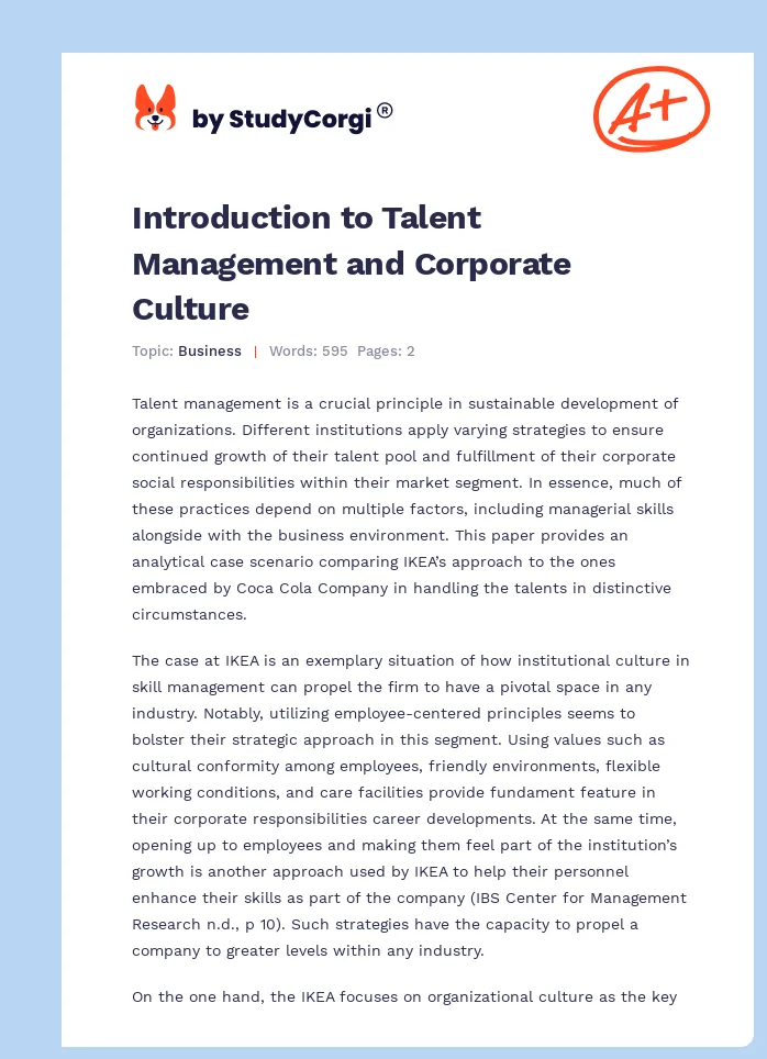 Introduction to Talent Management and Corporate Culture. Page 1