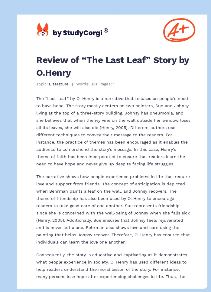 Review of “The Last Leaf” Story by O.Henry. Page 1