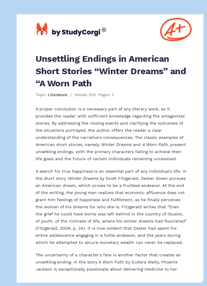 Unsettling Endings in American Short Stories “Winter Dreams” and “A Worn Path. Page 1