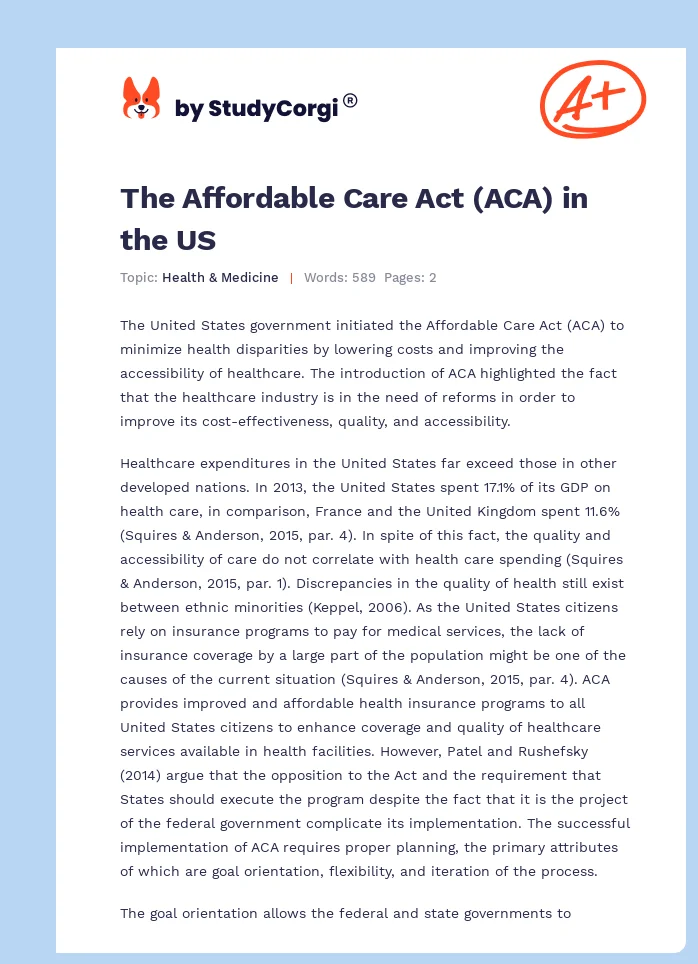 The Affordable Care Act (ACA) in the US. Page 1