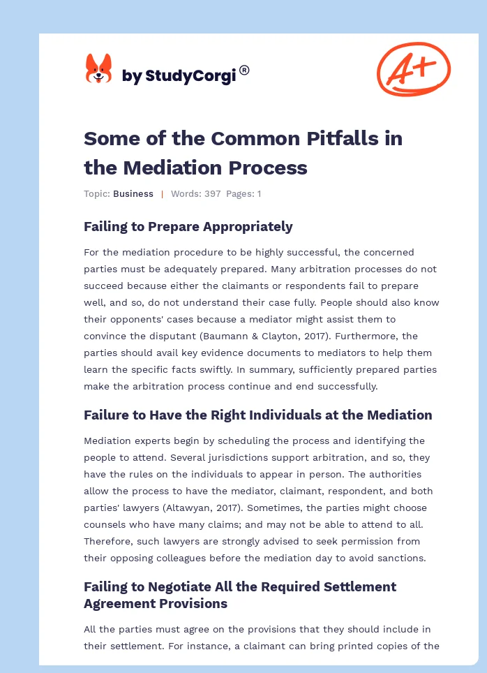 Some of the Common Pitfalls in the Mediation Process. Page 1