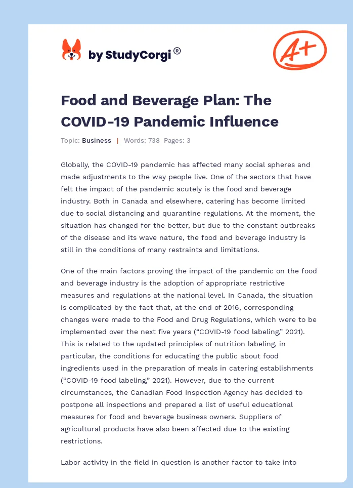 Food and Beverage Plan: The COVID-19 Pandemic Influence. Page 1