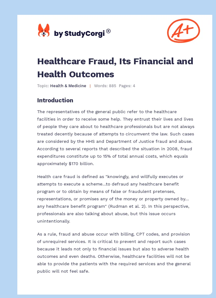 Healthcare Fraud, Its Financial and Health Outcomes. Page 1