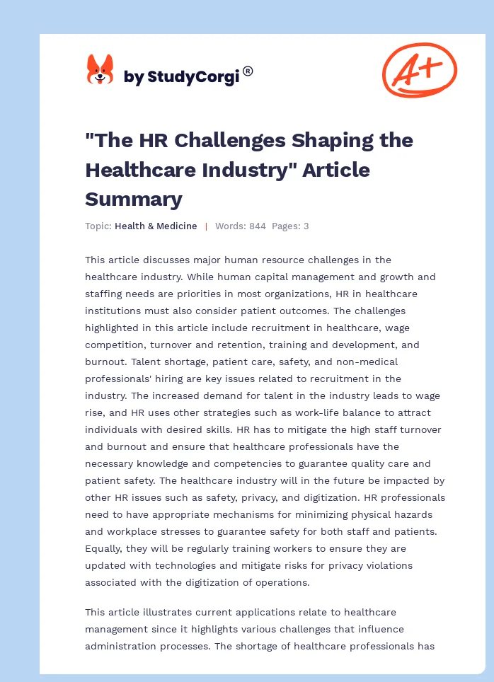 "The HR Challenges Shaping the Healthcare Industry" Article Summary. Page 1