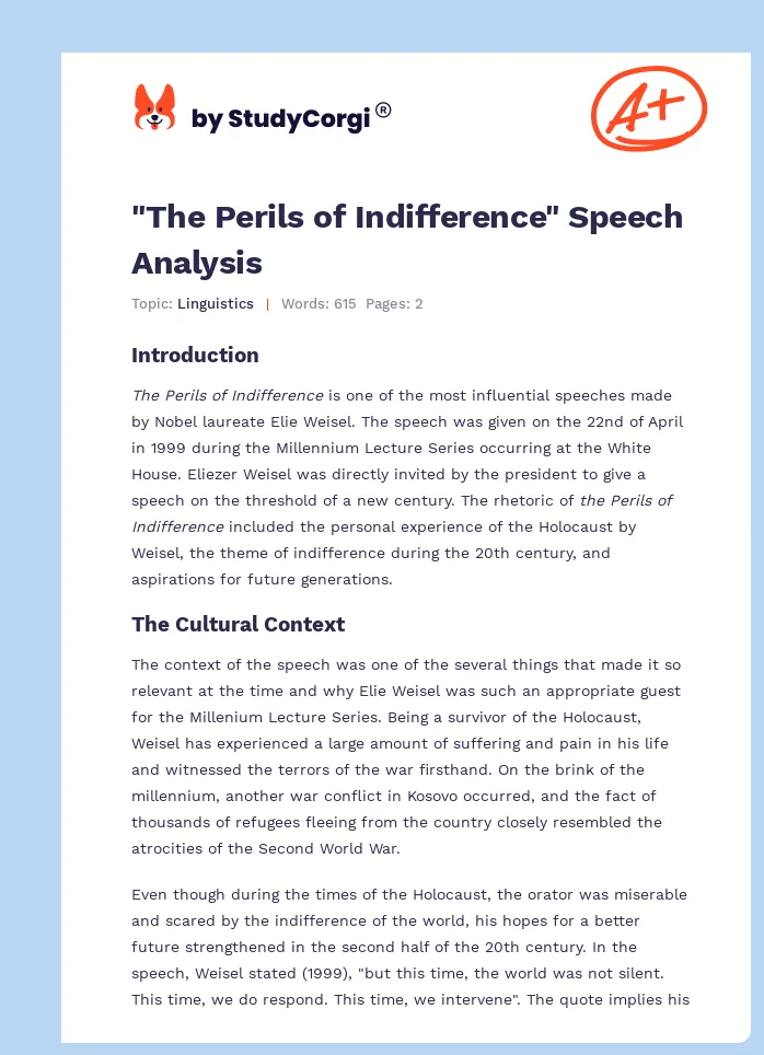 "The Perils of Indifference" Speech Analysis. Page 1