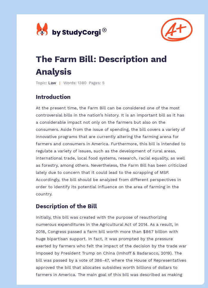 The Farm Bill: Description and Analysis. Page 1