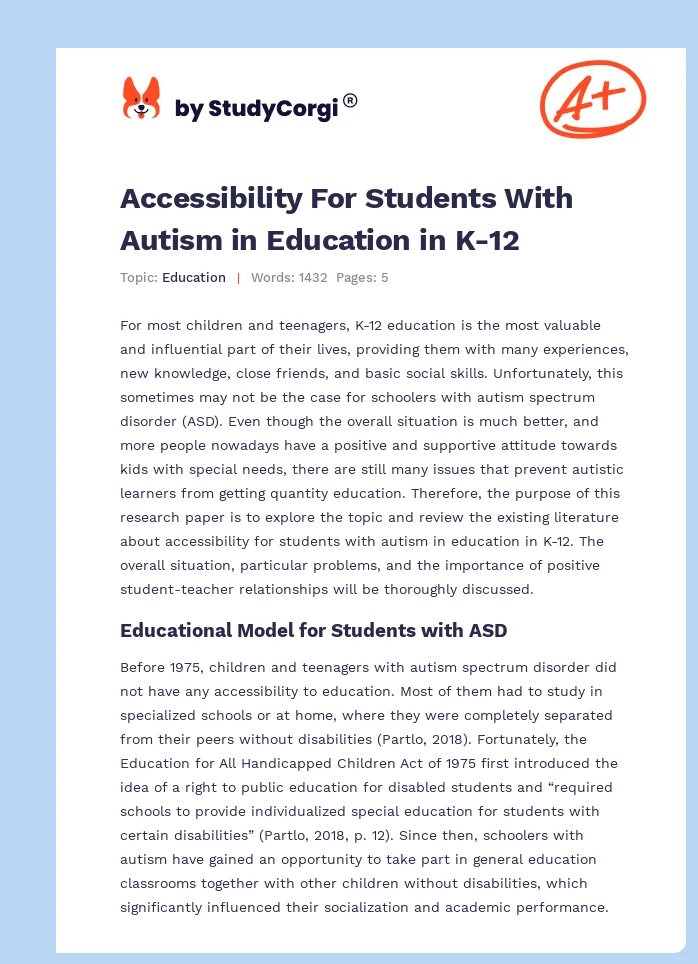 Accessibility For Students With Autism in Education in K-12. Page 1