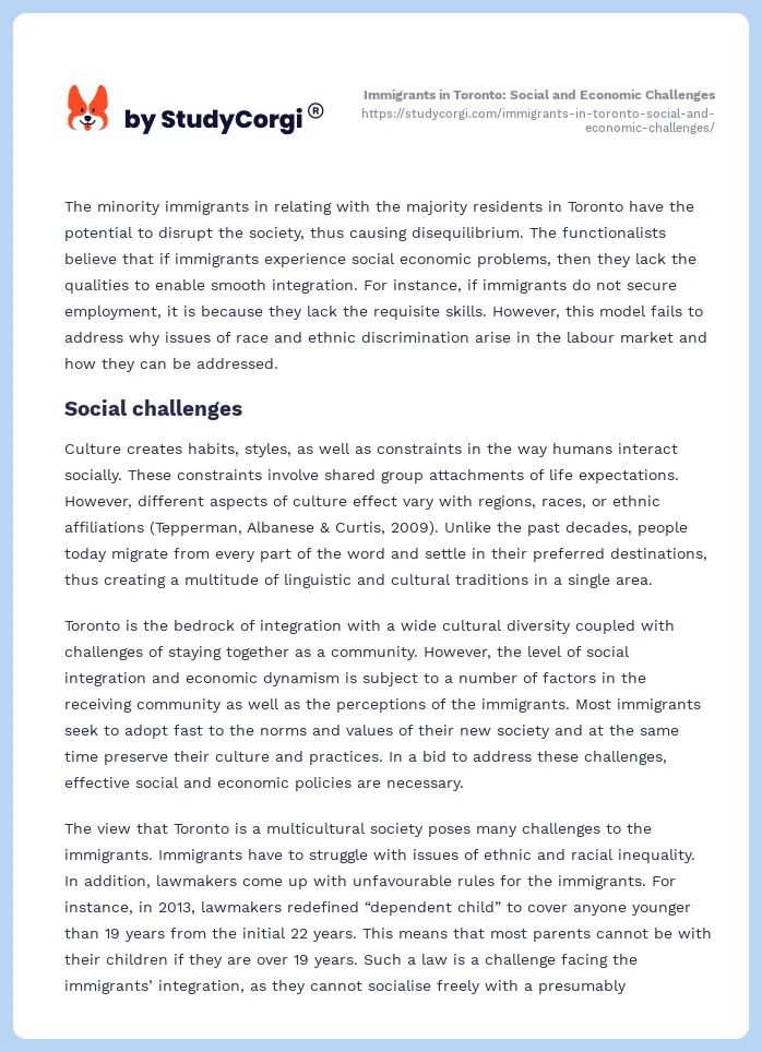 Immigrants in Toronto: Social and Economic Challenges. Page 2