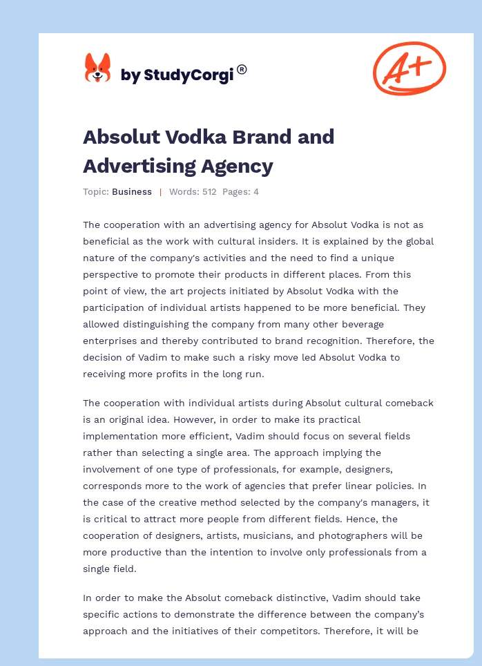 Absolut Vodka Brand and Advertising Agency. Page 1