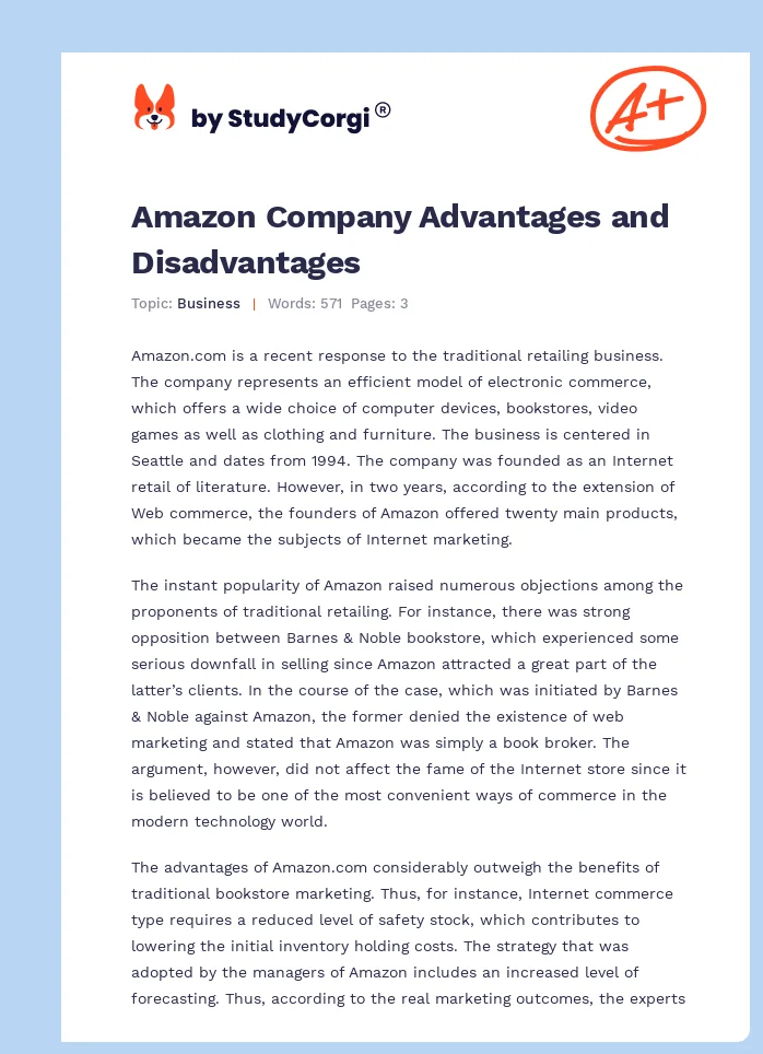 Amazon Company Advantages and Disadvantages. Page 1