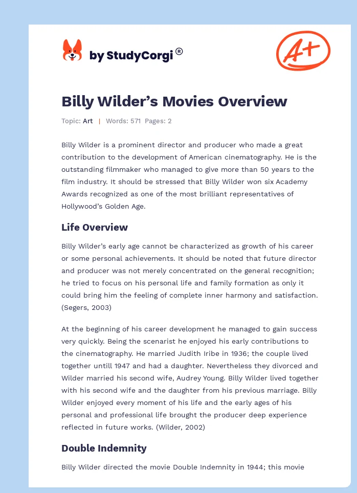 Billy Wilder’s Movies Overview. Page 1