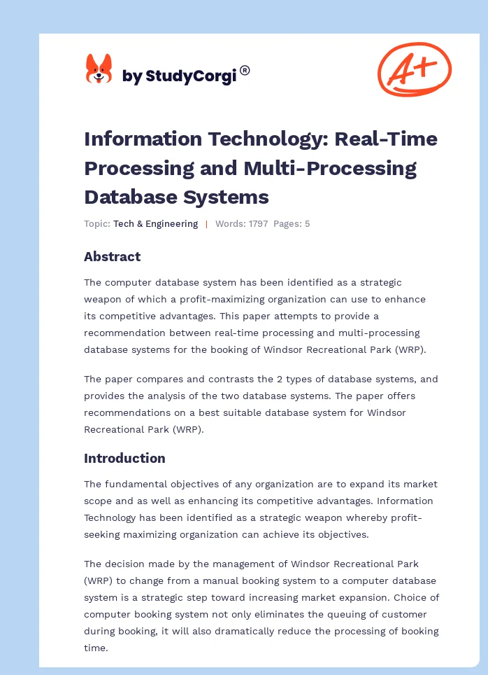 Information Technology: Real-Time Processing and Multi-Processing Database Systems. Page 1