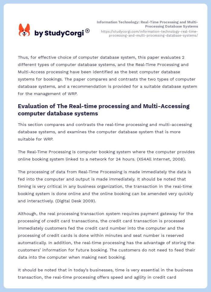 Information Technology: Real-Time Processing and Multi-Processing Database Systems. Page 2