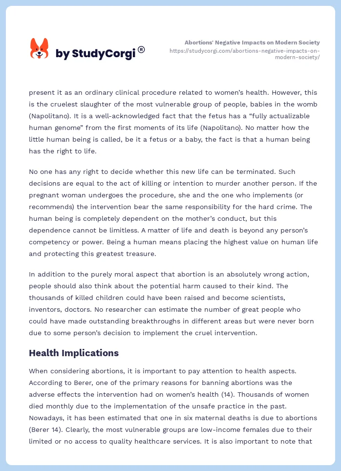 Abortions' Negative Impacts on Modern Society. Page 2