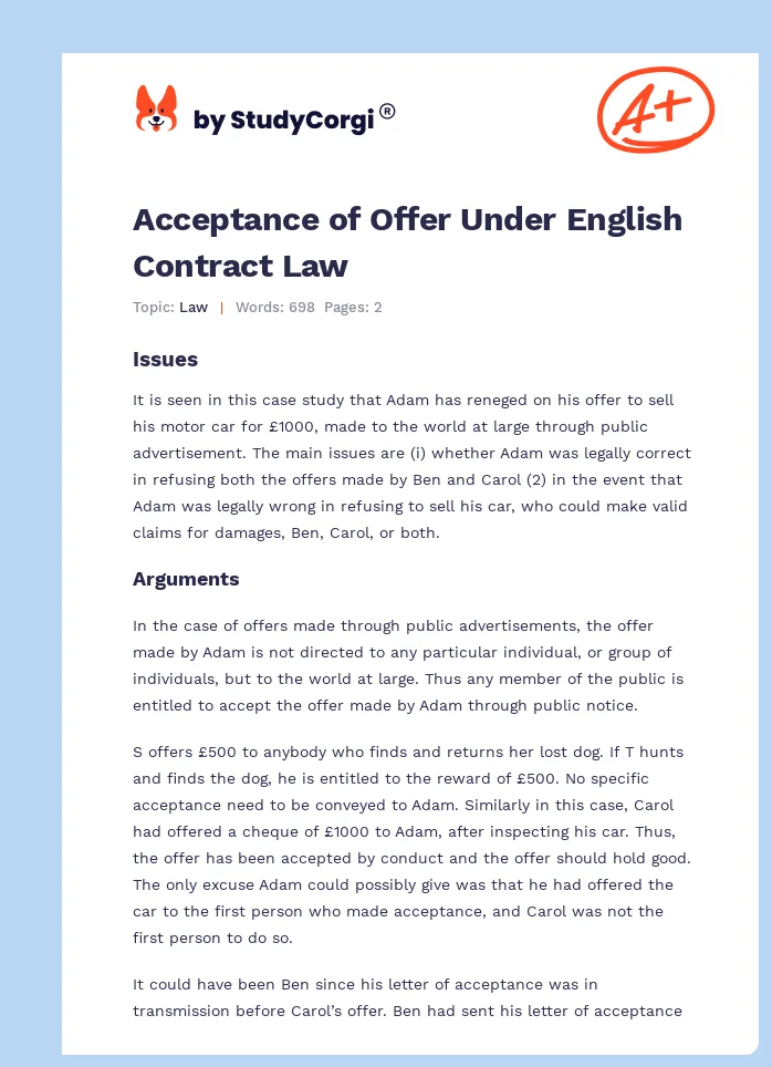 Acceptance of Offer Under English Contract Law. Page 1