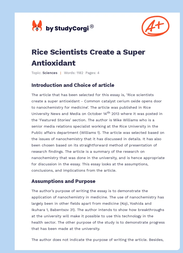 Rice Scientists Create a Super Antioxidant. Page 1