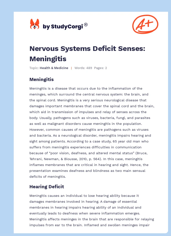 Nervous Systems Deficit Senses: Meningitis. Page 1