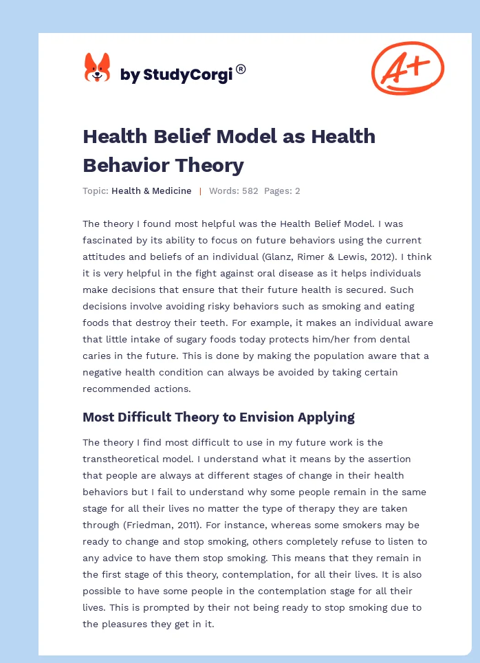 Health Belief Model as Health Behavior Theory. Page 1