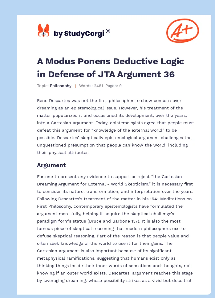 A Modus Ponens Deductive Logic in Defense of JTA Argument 36. Page 1