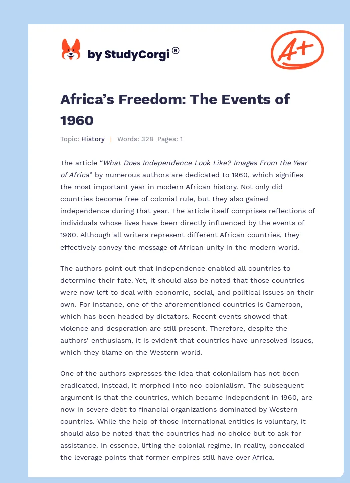 Africa’s Freedom: The Events of 1960. Page 1