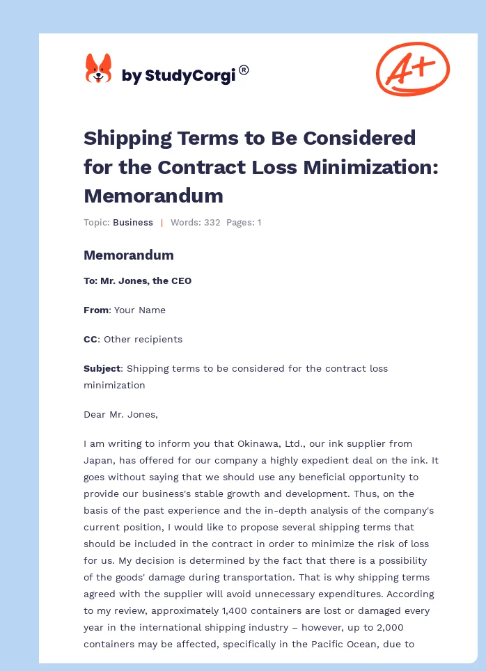 Shipping Terms to Be Considered for the Contract Loss Minimization: Memorandum. Page 1
