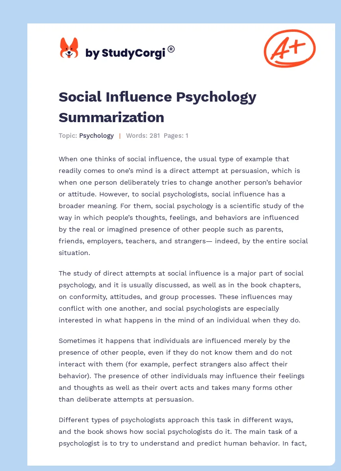 Social Influence Psychology Summarization. Page 1