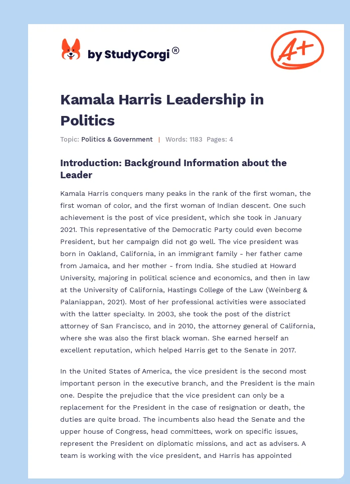 Kamala Harris Leadership in Politics. Page 1