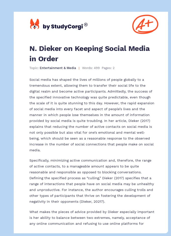 N. Dieker on Keeping Social Media in Order. Page 1