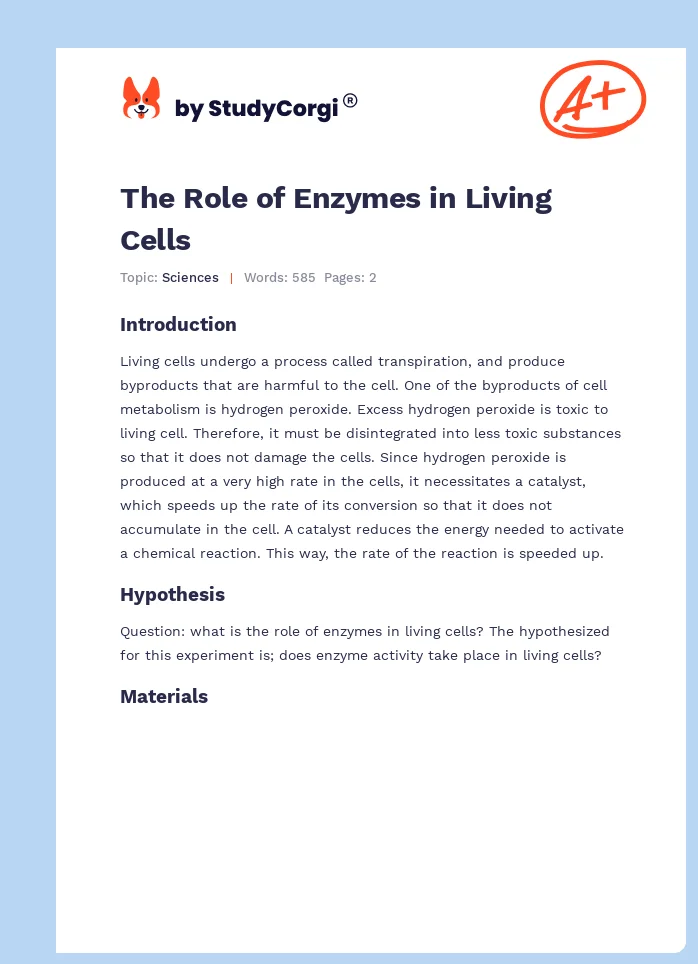 The Role of Enzymes in Living Cells. Page 1