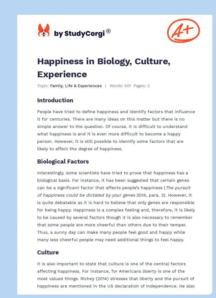 Happiness in Biology, Culture, Experience. Page 1