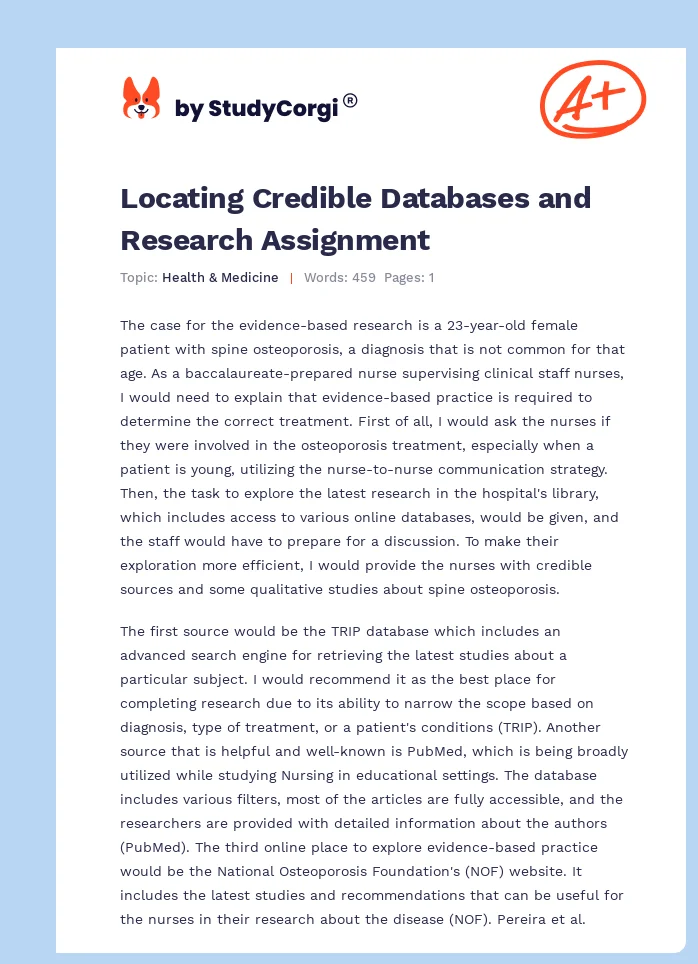 Locating Credible Databases and Research Assignment. Page 1