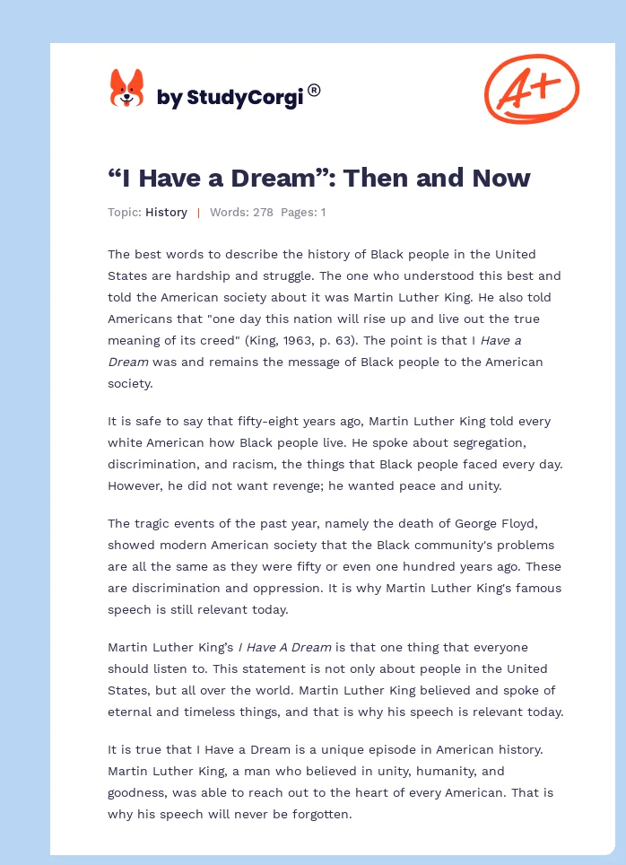“I Have a Dream”: Then and Now. Page 1