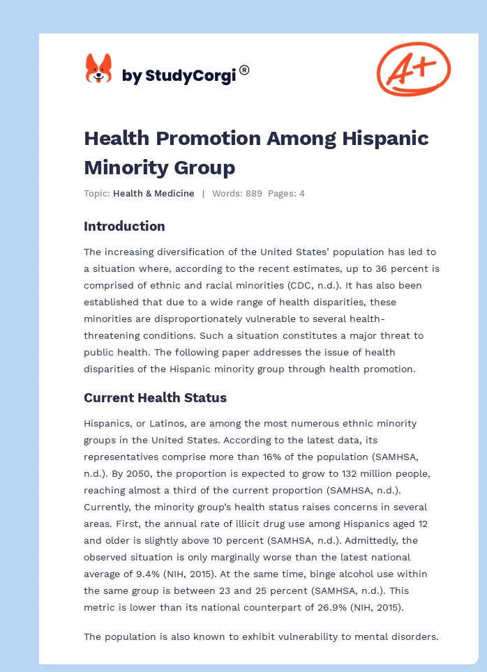 Health Promotion Among Hispanic Minority Group. Page 1