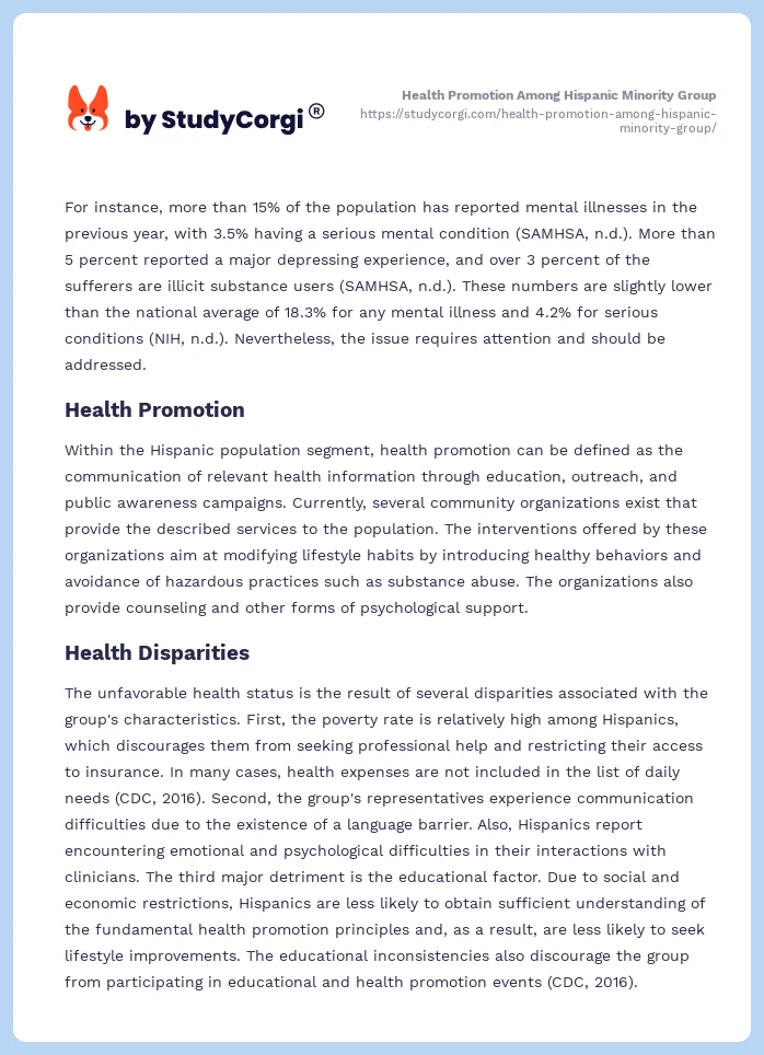Health Promotion Among Hispanic Minority Group. Page 2