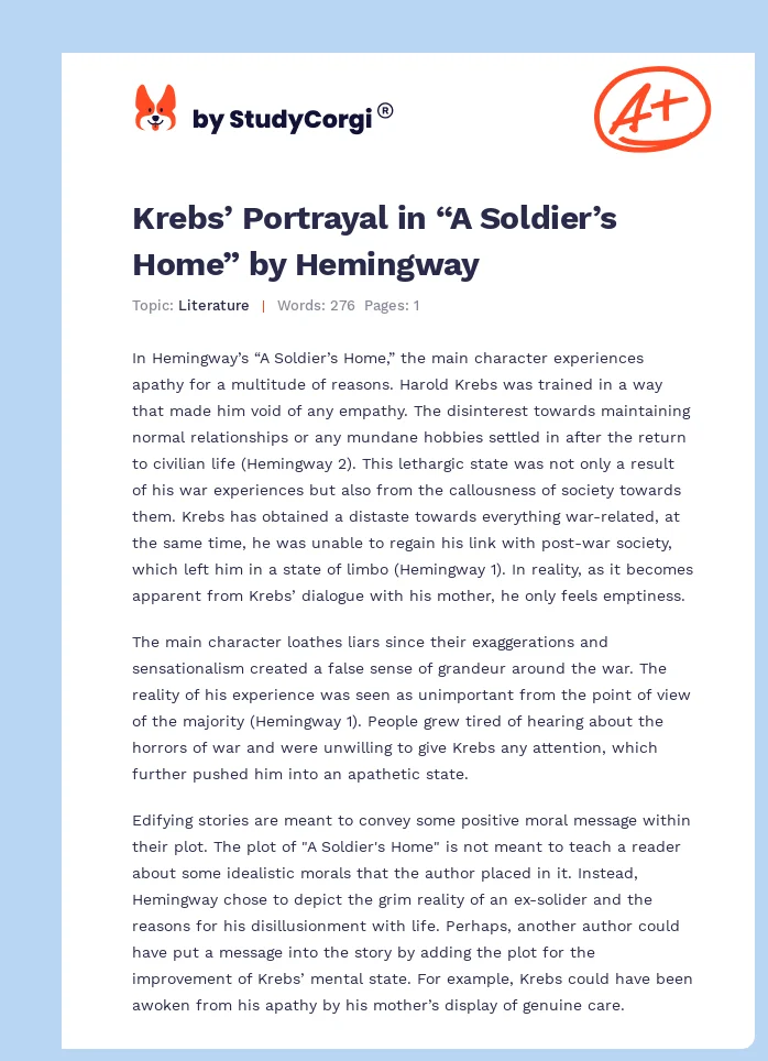 Krebs’ Portrayal in “A Soldier’s Home” by Hemingway. Page 1