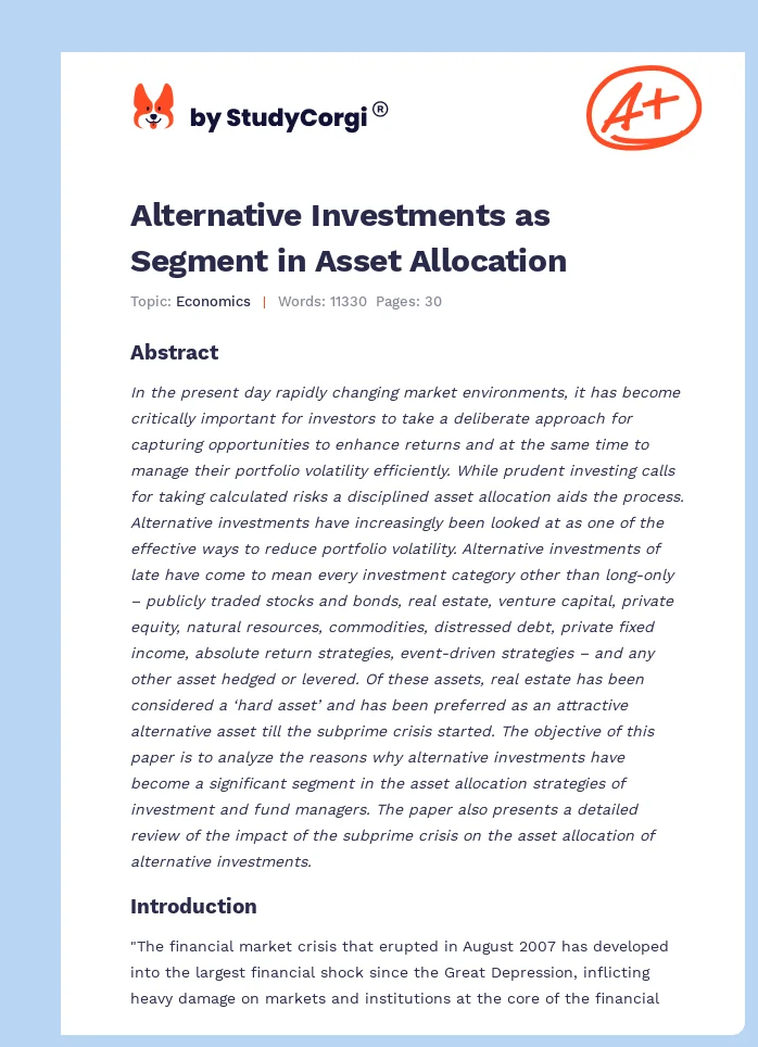 Alternative Investments as Segment in Asset Allocation. Page 1