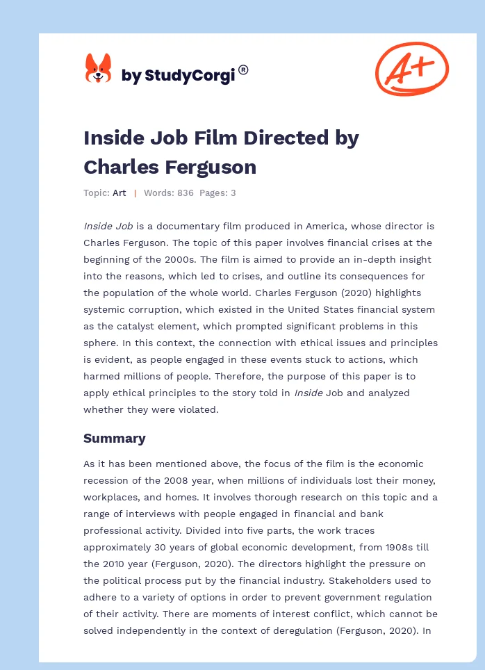 Inside Job Film Directed by Charles Ferguson. Page 1