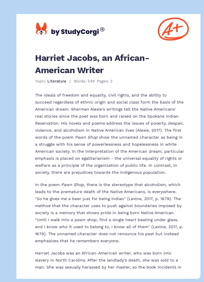 Harriet Jacobs, an African-American Writer. Page 1