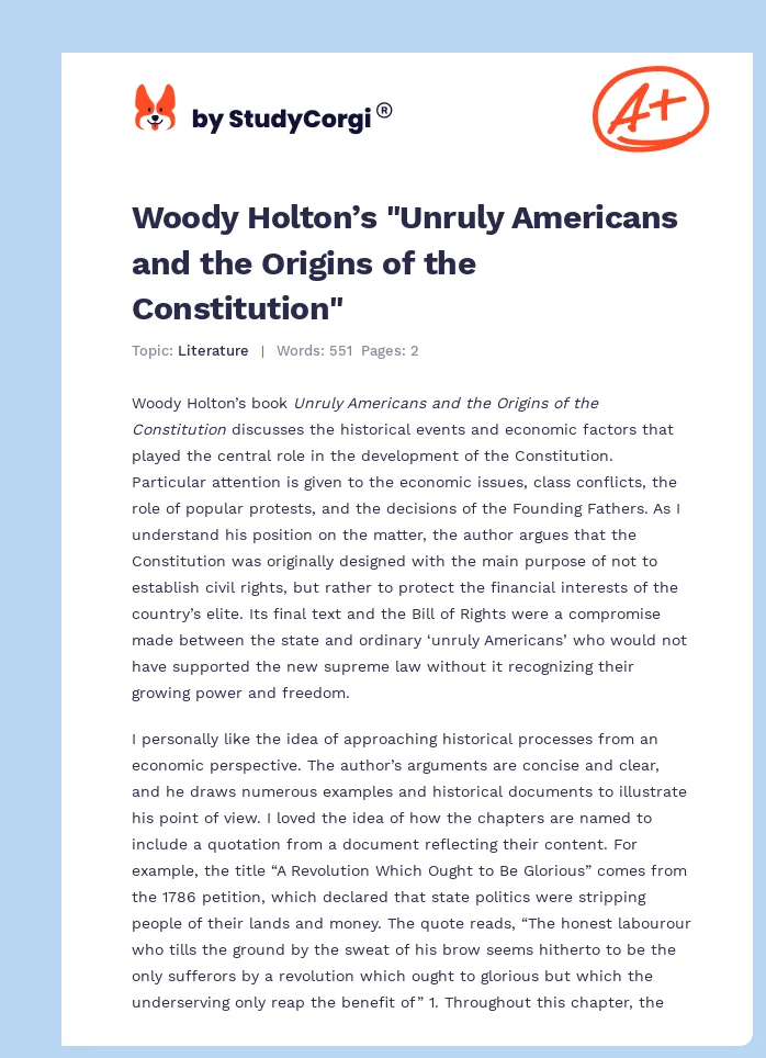 Woody Holton’s "Unruly Americans and the Origins of the Constitution". Page 1