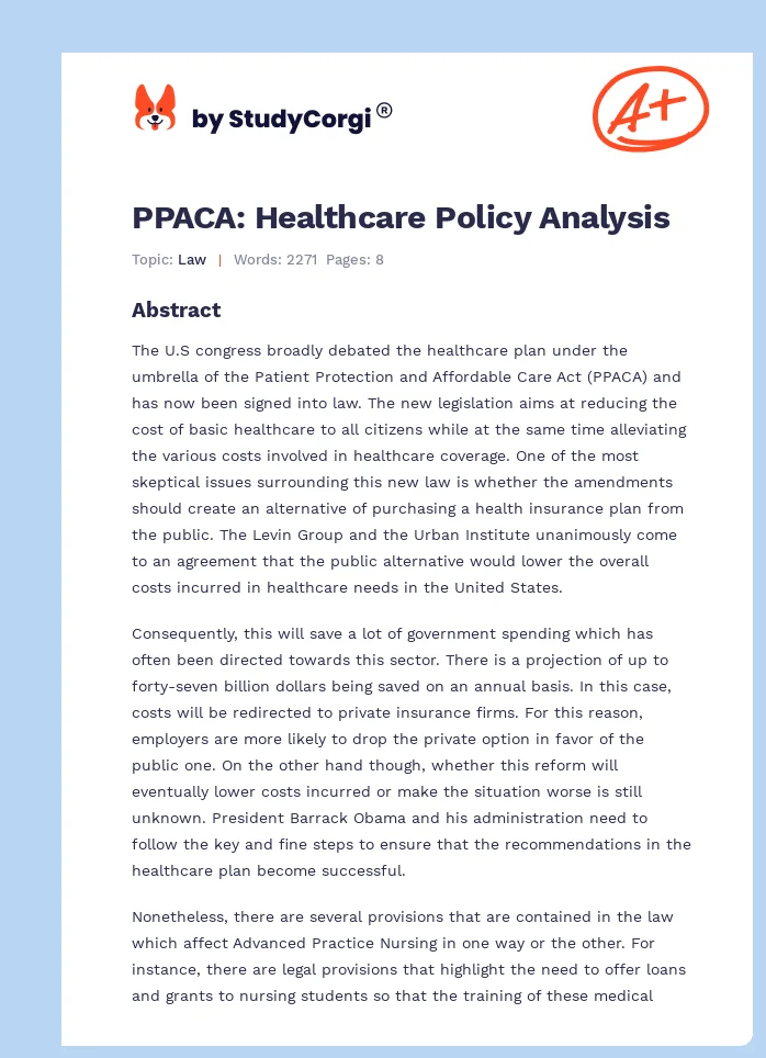 PPACA: Healthcare Policy Analysis. Page 1