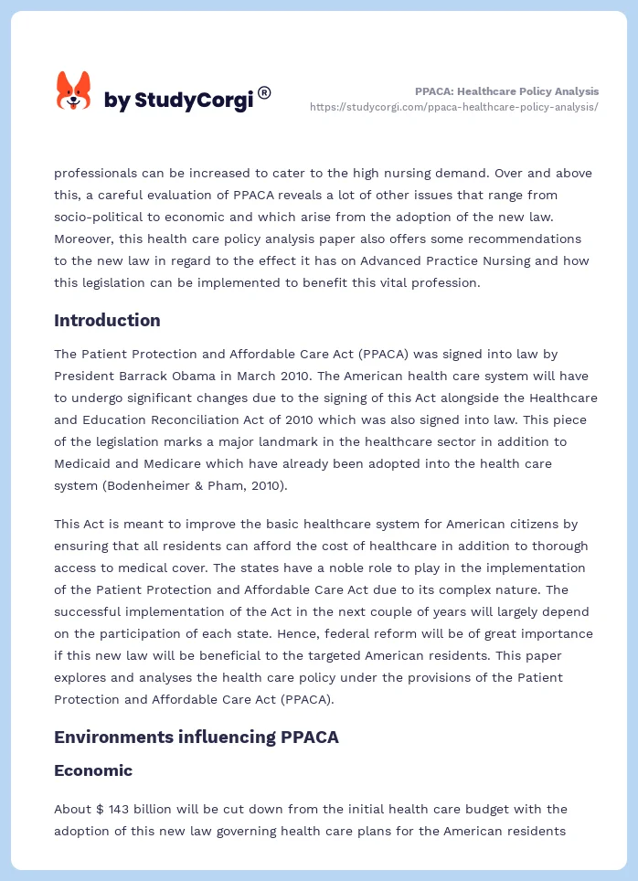 PPACA: Healthcare Policy Analysis. Page 2