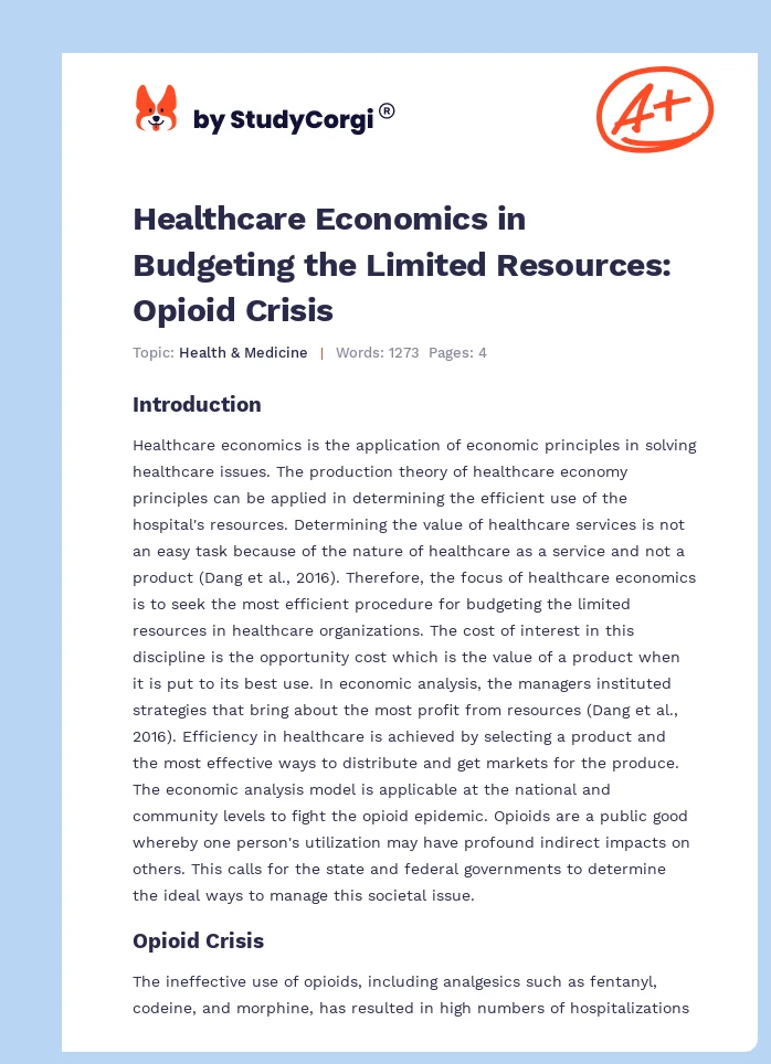 Healthcare Economics in Budgeting the Limited Resources: Opioid Crisis. Page 1