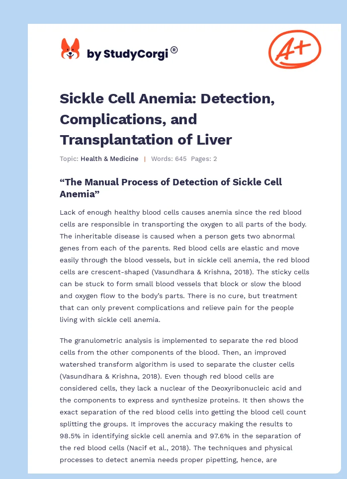 Sickle Cell Anemia: Detection, Complications, and Transplantation of Liver. Page 1