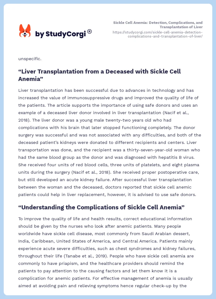Sickle Cell Anemia: Detection, Complications, and Transplantation of Liver. Page 2