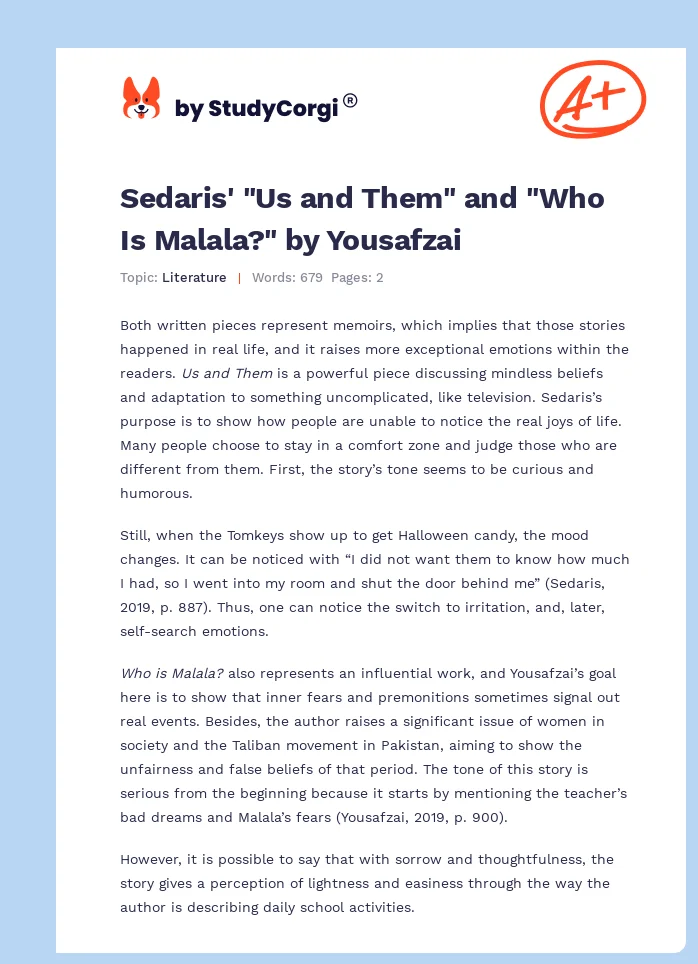 Sedaris' "Us and Them" and "Who Is Malala?" by Yousafzai. Page 1