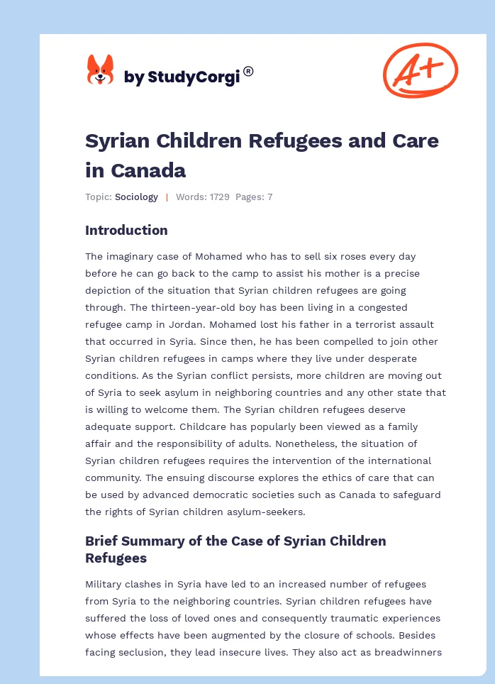 Syrian Children Refugees and Care in Canada. Page 1
