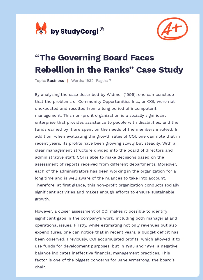 “The Governing Board Faces Rebellion in the Ranks” Case Study. Page 1
