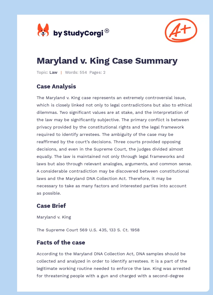 Maryland v. King Case Summary. Page 1