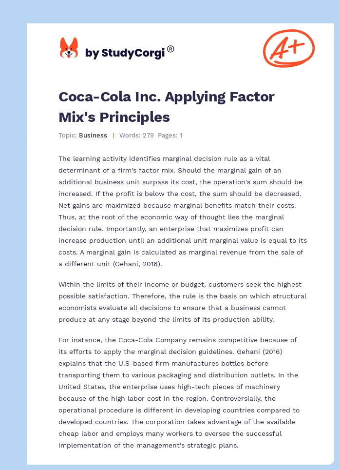 Coca-Cola Inc. Applying Factor Mix's Principles. Page 1