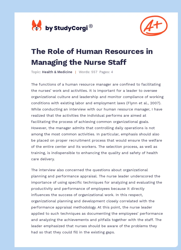 The Role of Human Resources in Managing the Nurse Staff. Page 1